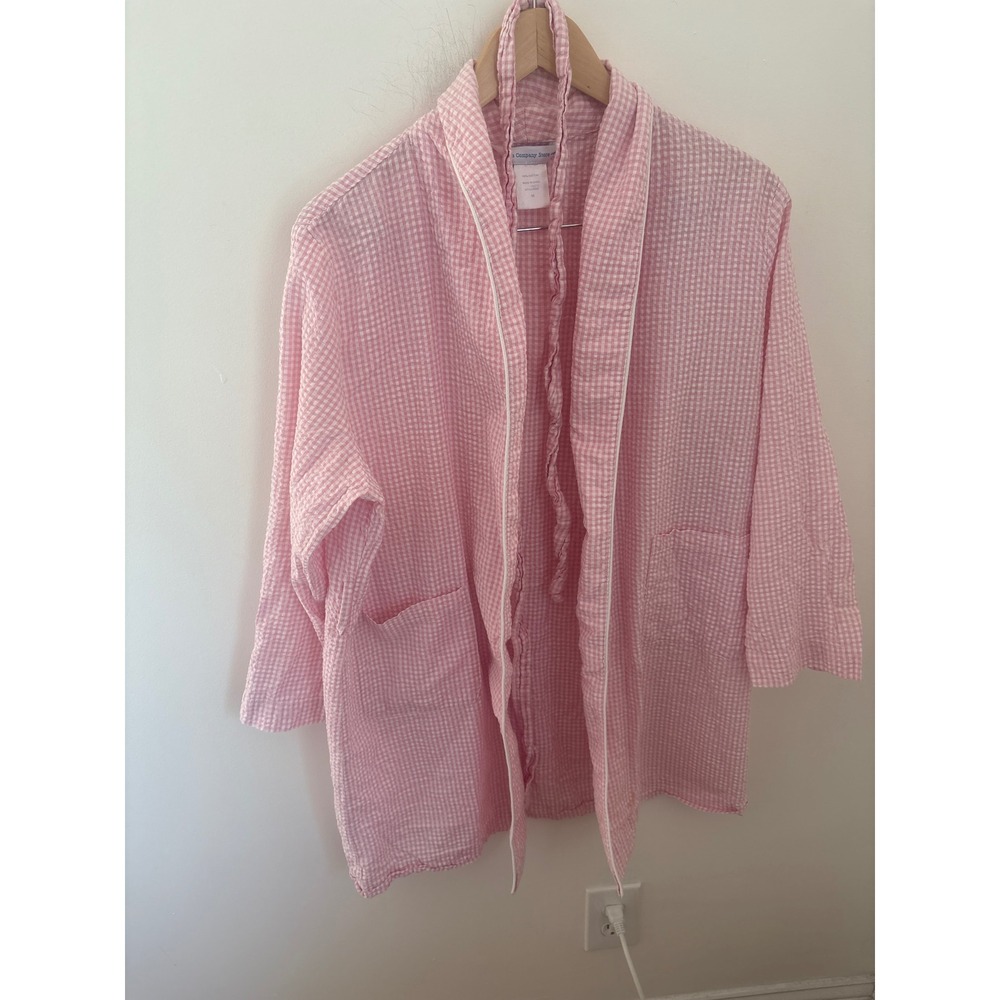 The Company Store Pink Gingham Seersucker Cotton Robe Shawl Collar Medium
